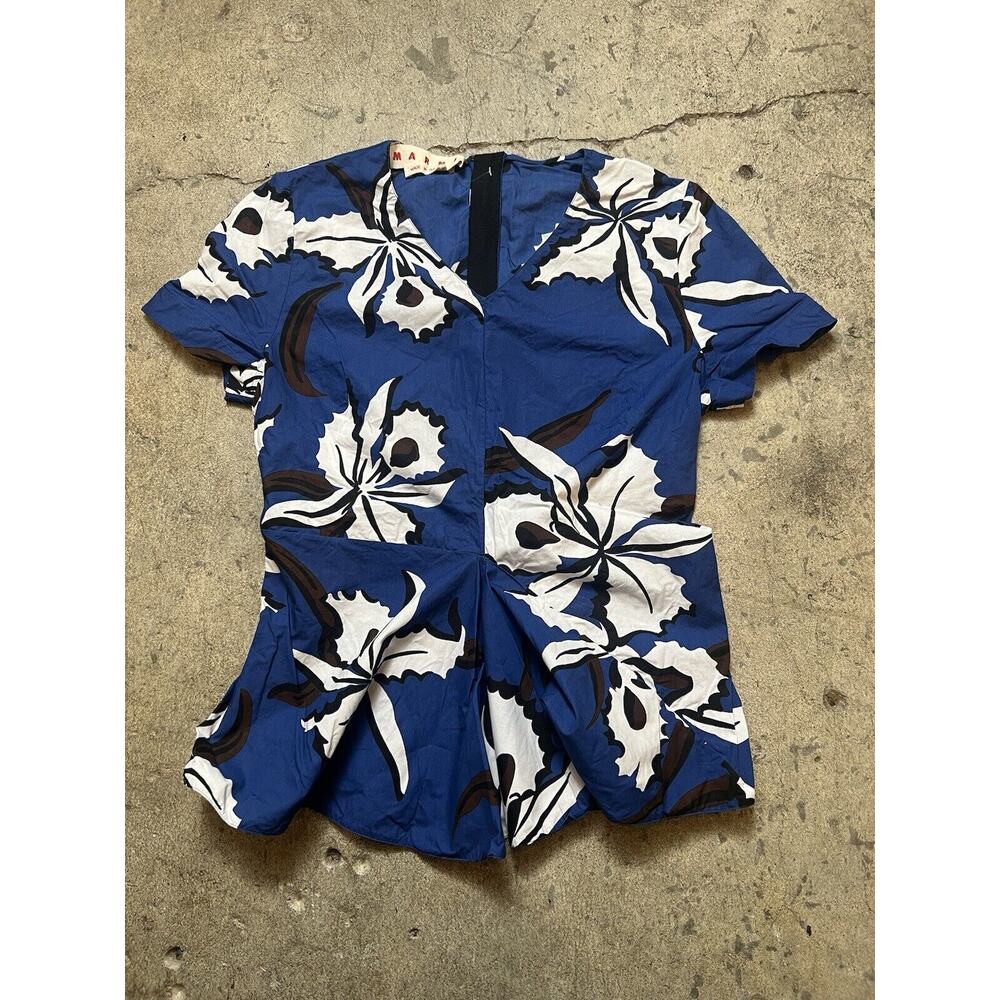 Marni Blue Floral Printed Cotton Short Sleeve‎ Top S/M